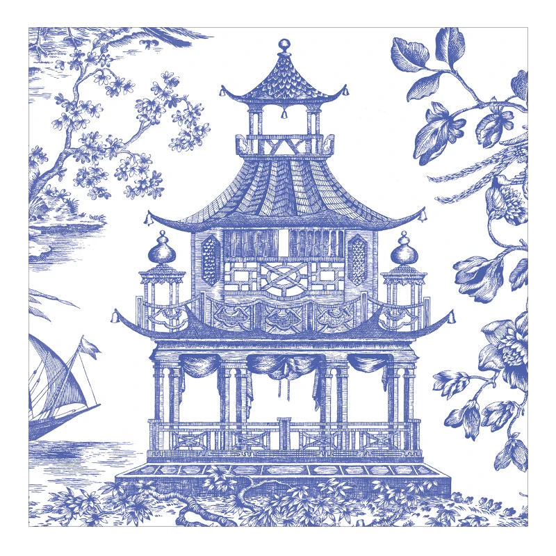 Caspari Lunchserviette Chinoiserie Toile Pagoda Blue Blau